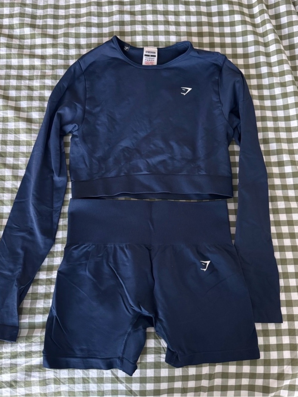 Gymshark Navy Long Sleeve Crop Top and biker shorts set